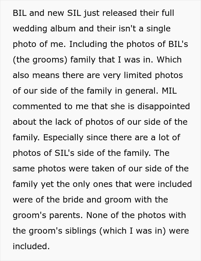 Bride enters new family with drama after deliberately excluding sister-in-law from wedding photos and family albums. Bride enters new family with drama after deliberately excluding sister-in-law from wedding photos and family albums.