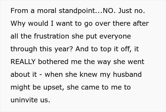 Text excerpt about woman refusing to attend MIL&rsquo;s Thanksgiving after being reinvited due to other guests flaking.