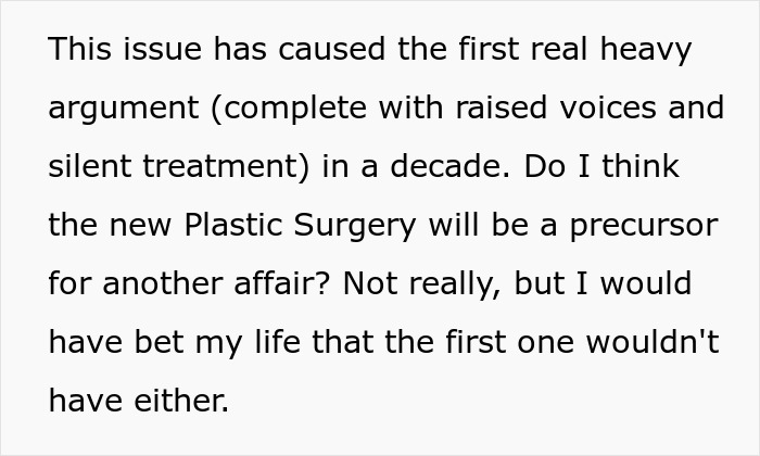 Text excerpt about wife’s cosmetic upgrade causing infidelity fears and husband’s emotional spiral in a tense argument. Text excerpt about wife’s cosmetic upgrade causing infidelity fears and husband’s emotional spiral in a tense argument.