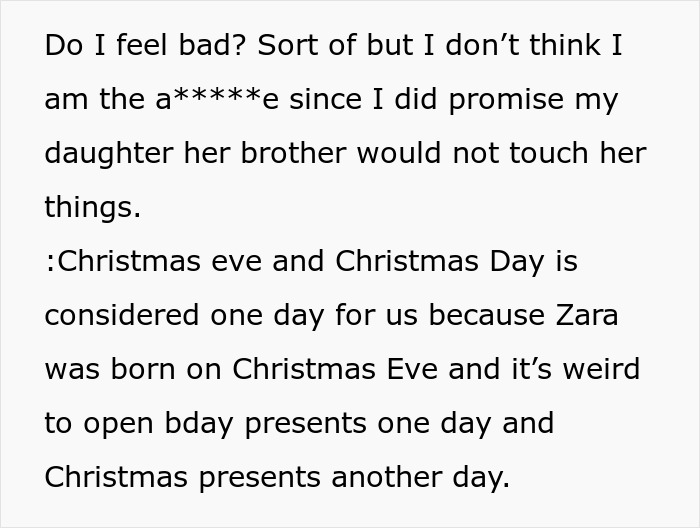 Text excerpt discussing Christmas presents disparity between daughter and half-brother and father's perspective on guilt. Text excerpt discussing Christmas presents disparity between daughter and half-brother and father's perspective on guilt.