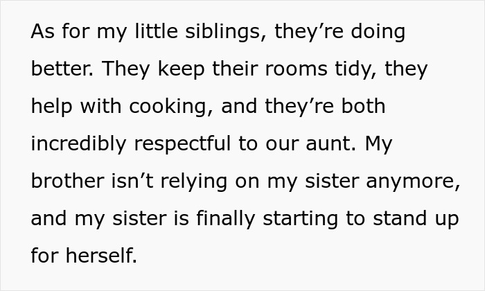 Text showing a 20-year-old burned out from managing chores and school describing how siblings keep their rooms tidy and help with cooking. Text showing a 20-year-old burned out from managing chores and school describing how siblings keep their rooms tidy and help with cooking.
