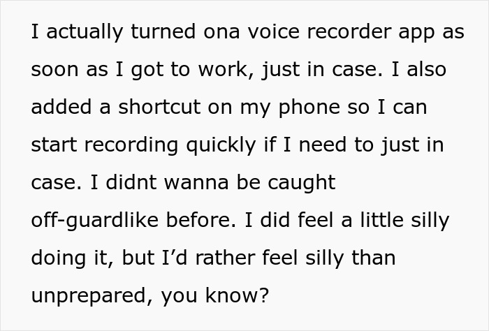 Screenshot of text discussing using a voice recorder app at work to record coworker suspected of not being disabled.
