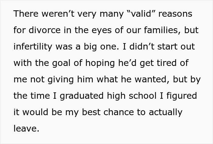 Text excerpt about infertility as a reason for divorce and a teen's plan to make him divorce her. Text excerpt about infertility as a reason for divorce and a teen's plan to make him divorce her.