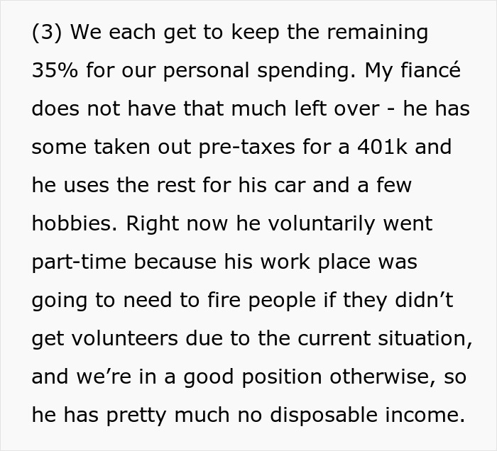 Text excerpt about fianc&eacute; managing wedding and personal money, with no disposable income due to spending and reduced work hours.