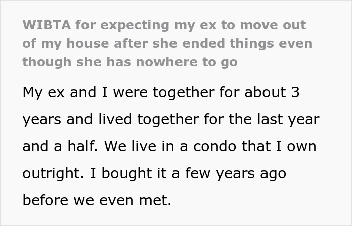 Text excerpt discussing ex-house-drama relationship about cohabitation, ownership, and breakup complexities in a condo.