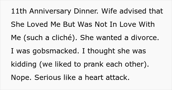 Text excerpt describing a husband’s shock after his wife’s cosmetic upgrade leads to infidelity and divorce talks.