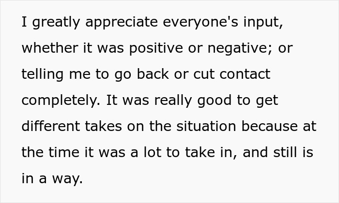 Text expressing appreciation for input on the family forgiving a man for beating his brother years ago.