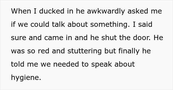 Text excerpt about an awkward conversation addressing hygiene, related to refuse shaving legs work concerns. Text excerpt about an awkward conversation addressing hygiene, related to refuse shaving legs work concerns.