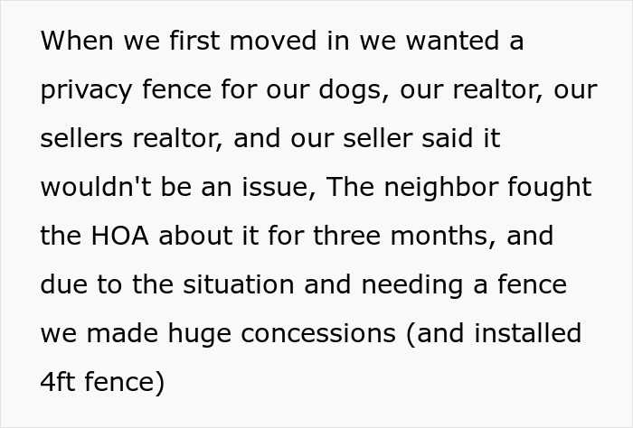Text about neighbors complaining over backyard privacy fence and family making concessions by installing a 4ft fence.