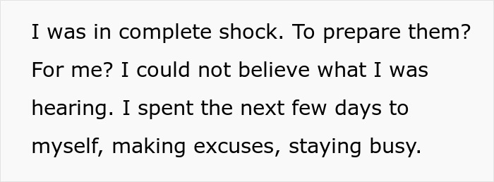 Text excerpt showing a woman in shock as she makes excuses and stays busy after proving husband's family are lying snobs.