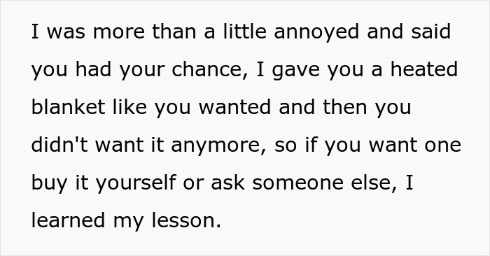 Screenshot of a message complaining about a heated blanket gift, sibling says buy your own. Screenshot of a message complaining about a heated blanket gift, sibling says buy your own.