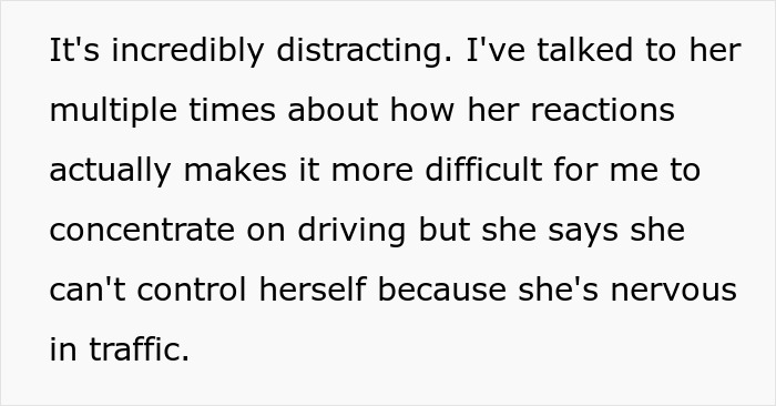 Text about husband banning wife from front seat after her anxiety meltdown in traffic, causing driving distraction and risk.