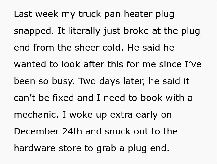 Text about woman ready to dump her boyfriend because he feels emasculated when she fixes things, describing a truck heater plug issue. Text about woman ready to dump her boyfriend because he feels emasculated when she fixes things, describing a truck heater plug issue.