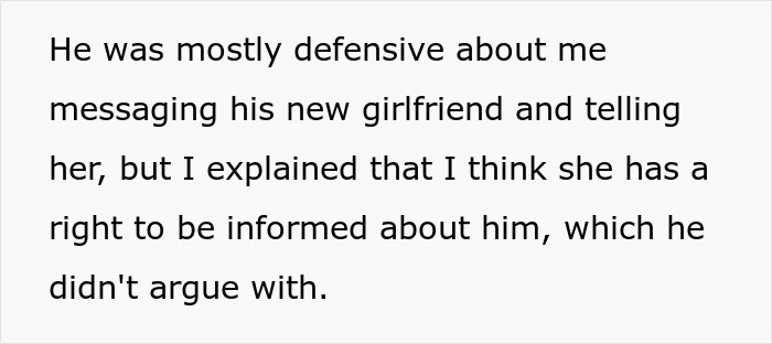 Text discussing a bipolar guy being defensive about messaging his new girlfriend, co-parenting concerns implied.