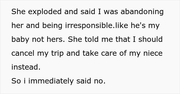 Text message conversation showing a woman refusing to become a free nanny for her niece despite family pressure and conflict. Text message conversation showing a woman refusing to become a free nanny for her niece despite family pressure and conflict.