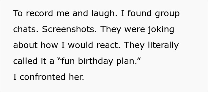 Text excerpt describing a cruel prank planned by a girlfriend and her male best friend to humiliate boyfriend on his birthday. Text excerpt describing a cruel prank planned by a girlfriend and her male best friend to humiliate boyfriend on his birthday.