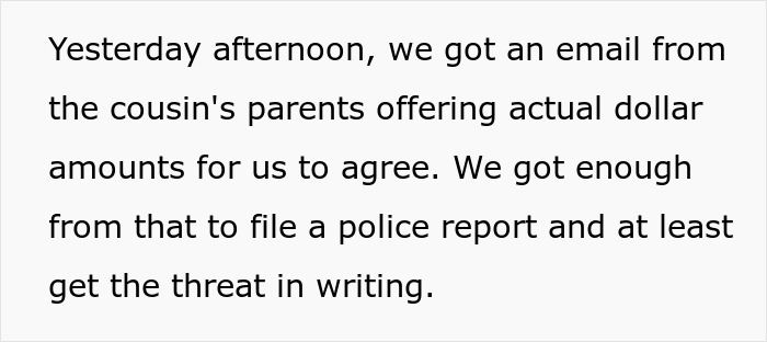 Text excerpt discussing cousin with cancer wanting to borrow baby, leading to a police report over threats received. Text excerpt discussing cousin with cancer wanting to borrow baby, leading to a police report over threats received.