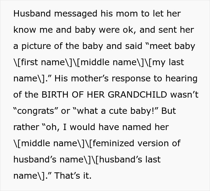 Husband&rsquo;s mom refused baby name, suggesting a different name after birth announcement and baby photo shared.