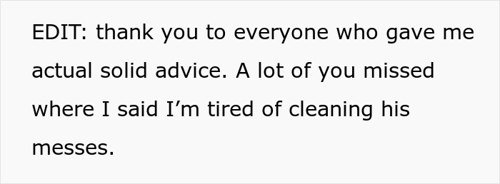 Text post with a user editing to clarify she is tired of cleaning her husband's messes at home.