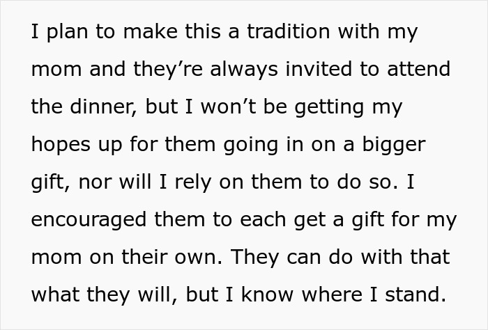 Text about planning a tradition with mom, mentioning bros too broke to pitch in for mom’s birthday gift. Text about planning a tradition with mom, mentioning bros too broke to pitch in for mom’s birthday gift.