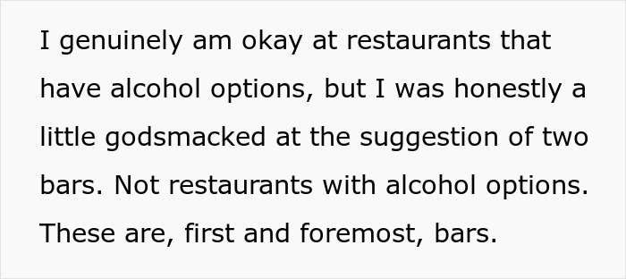 Text excerpt discussing discomfort of recovering alcoholic with a second date planned entirely around bars. Text excerpt discussing discomfort of recovering alcoholic with a second date planned entirely around bars.