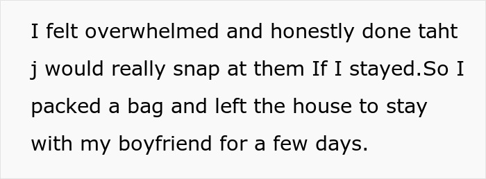 Text excerpt about a child-loathing lady feeling overwhelmed and leaving home to avoid being a free nanny. Text excerpt about a child-loathing lady feeling overwhelmed and leaving home to avoid being a free nanny.
