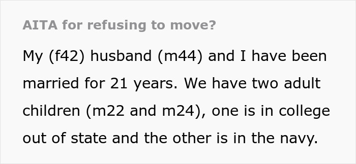 Text excerpt showing a woman refusing to move again after decades relocating for husband&rsquo;s career with family details included.