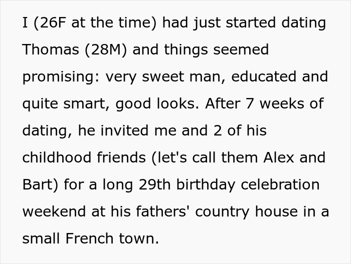 Text excerpt describing a woman dating a man who invites friends for his 29th birthday in a French country house. Text excerpt describing a woman dating a man who invites friends for his 29th birthday in a French country house.