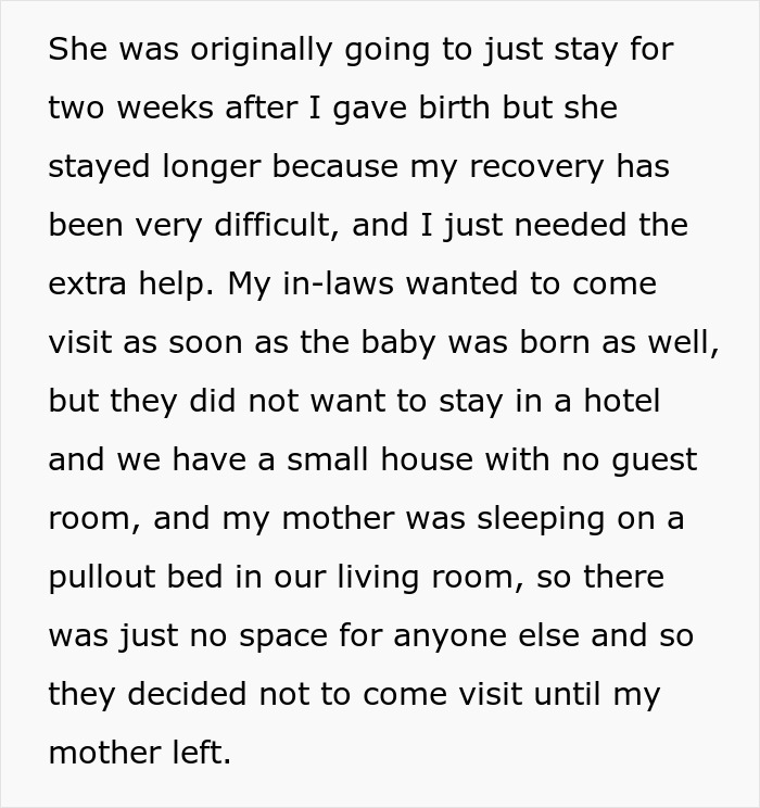 Text excerpt explaining a new mom’s difficult recovery and conflict with husband’s in-laws not helping with baby. Text excerpt explaining a new mom’s difficult recovery and conflict with husband’s in-laws not helping with baby.