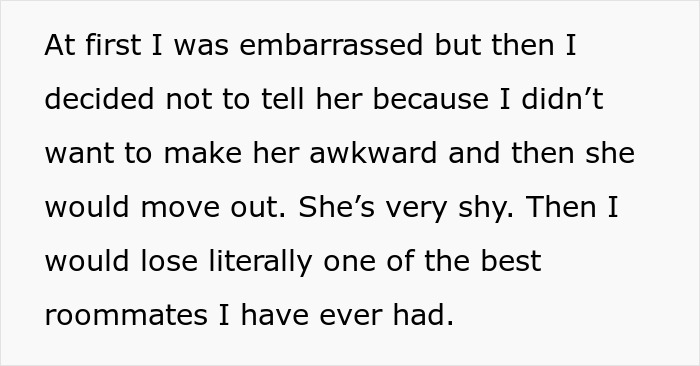 Text on a white background describing a guy embarrassed to tell his shy roommate he can hear her moan, fearing she might move out.