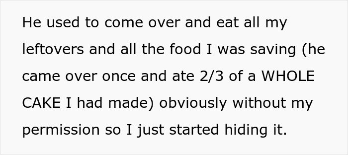 Text about mom boyfriend food drama describing frustration over eating all saved food and hiding leftovers to avoid conflict.
