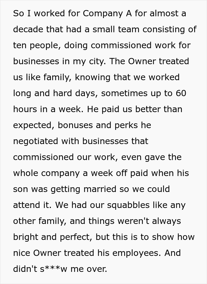 Text excerpt describing a man&rsquo;s experience working at a company before seeking revenge on a coworker who got him fired.