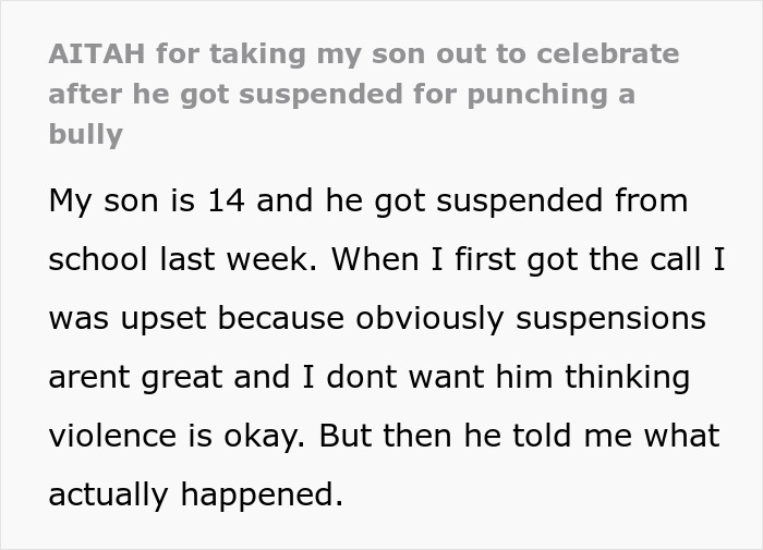 Dad takes son out to celebrate after he punches a bully, while ex wife disagrees with the decision.