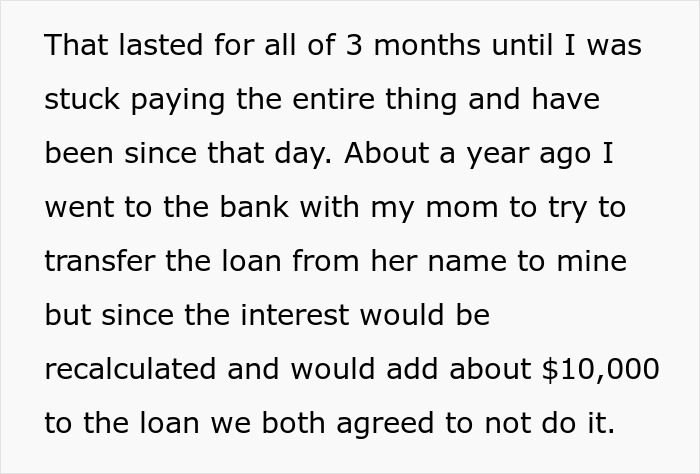 Text about a teen stuck paying a car loan from his mom, discussing loan transfer and added interest costs.