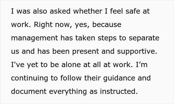 Text about feeling safe at work, management support, and documenting incidents related to coworker disability claims.