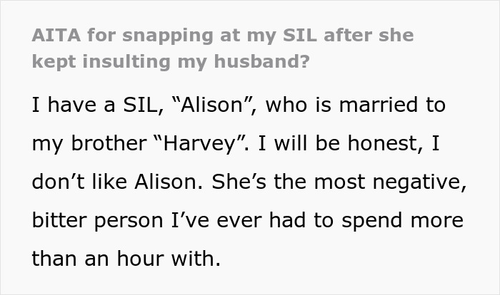 Text excerpt discussing a lady insulting her sister-in-law’s husband and confronting her partner's indiscretions.