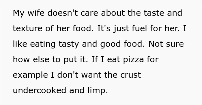 Text message describing a wife&rsquo;s indifference to food taste and a husband&rsquo;s preference for properly cooked pizza crust.