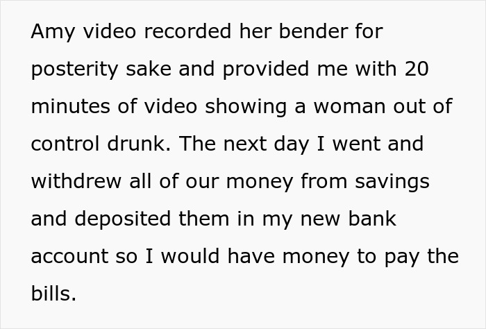 Text excerpt describing a woman’s act exposed by husband and BFF with video evidence leading to financial loss.