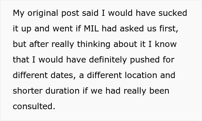 DIL expresses frustration over overbearing MIL making plans without her knowledge, deciding to firmly set boundaries. DIL expresses frustration over overbearing MIL making plans without her knowledge, deciding to firmly set boundaries.
