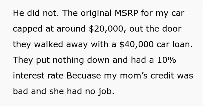 Text excerpt showing a $40,000 car loan and teen&rsquo;s first car turning into a debt trap set by mom.