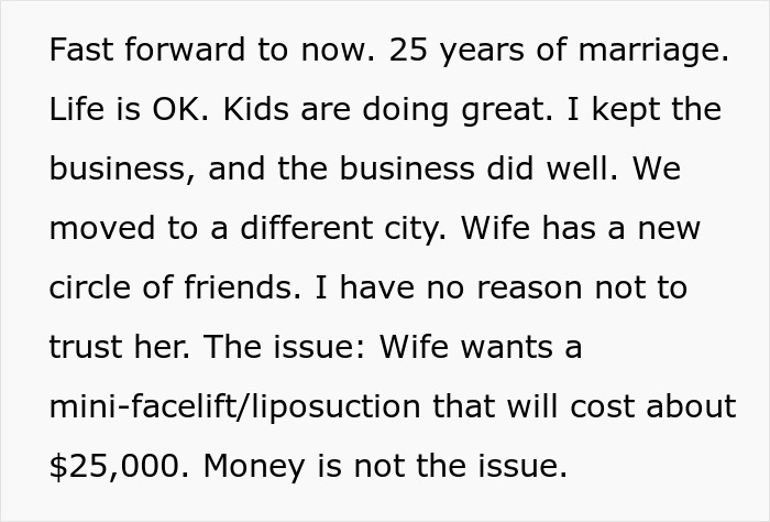 Text excerpt about wife’s cosmetic upgrade and husband's trust issues after 25 years of marriage.