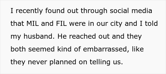 Text about discovering through social media that MIL and FIL visited the city, causing embarrassment and trust issues. Text about discovering through social media that MIL and FIL visited the city, causing embarrassment and trust issues.