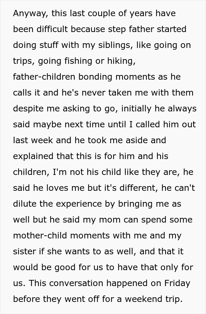 Text excerpt about teen feeling ignored by stepdad during family bonding trips, highlighting strained stepdad relationship. Text excerpt about teen feeling ignored by stepdad during family bonding trips, highlighting strained stepdad relationship.