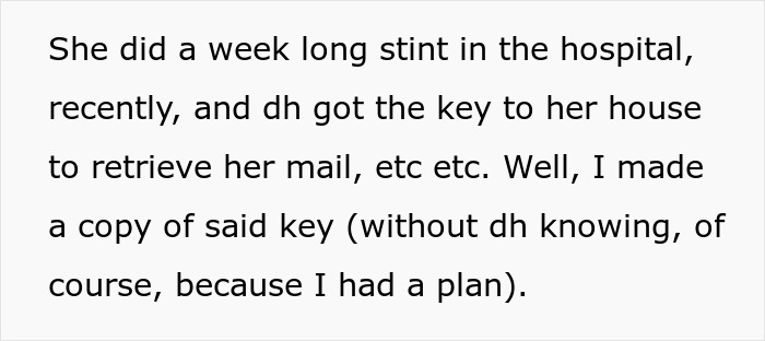 Text excerpt describing a wife&rsquo;s plan involving a copy of a key to play the long game against MIL.