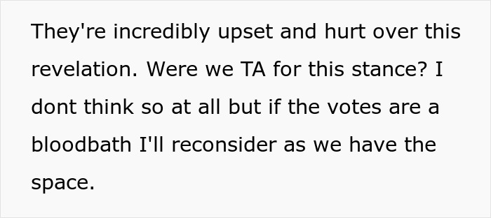 Text discussing conflict with in-laws refusing childcare help and wanting to move in despite family reluctance and space availability.