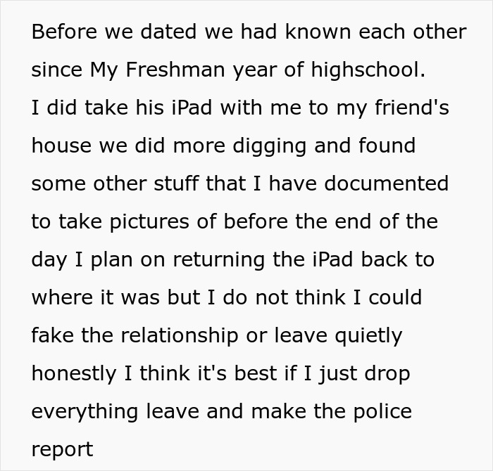 Text excerpt showing a woman discovering evidence against her internet troll boyfriend and planning to report him to the police.