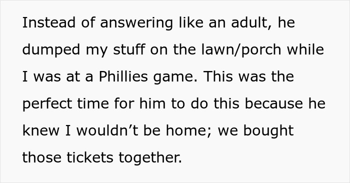 Text excerpt about dumped belongings on porch, woman recounts man breaks off engagement and embarrassment Text excerpt about dumped belongings on porch, woman recounts man breaks off engagement and embarrassment
