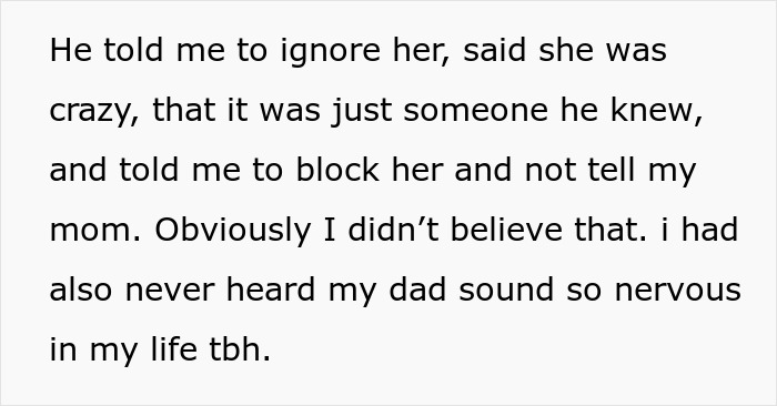 Text discussing ignoring a mistress's messages reveals dad’s nervousness and hints at a months-long affair exposed on New Year’s Eve. Text discussing ignoring a mistress's messages reveals dad’s nervousness and hints at a months-long affair exposed on New Year’s Eve.