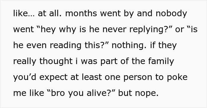 Text excerpt from a story about a guy added to a random family group chat who spends months feeling emotionally invested. Text excerpt from a story about a guy added to a random family group chat who spends months feeling emotionally invested.