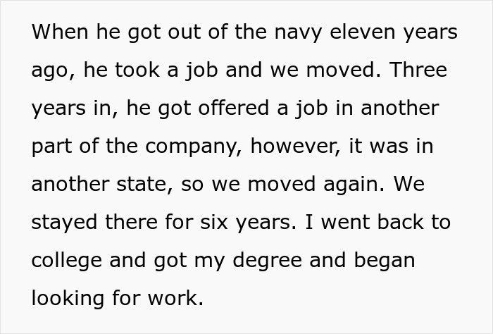 Text excerpt describing a woman frequently relocating for husband’s career and now seeking stability after decades of moving. Text excerpt describing a woman frequently relocating for husband’s career and now seeking stability after decades of moving.